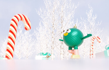 Christmas ball avatars join in virtual Winter Christmas forest party event. Metaverse virtual event concept. 3d rendering.