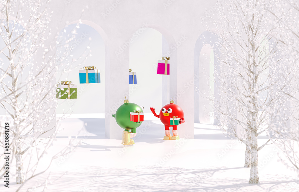 Poster christmas ball avatars join in virtual winter christmas forest party event. metaverse virtual event 