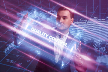 Business, Technology, Internet and network concept. Young businessman working on a virtual screen of the future and sees the inscription: Quality control