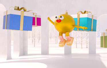 Christmas ball avatars join in virtual Winter Christmas forest party event. Metaverse virtual event concept. 3d rendering.