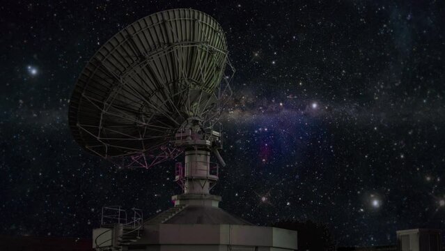 Satellite Antenna Space Planets Night Sky Zoom In. Zoom in huge satellite antenna under the deep starry space at night
