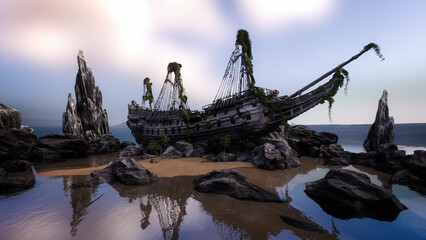Old pirate ship wreck stranded on rocks and sandy beach, covered in seaweed and rotting wood. 3D rendering. © IG Digital Arts