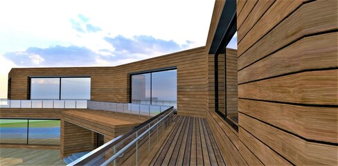 Longlife relible wooden material as a finishing of the normal ecological dwelling in future. 3d rendering.