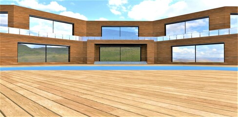The flooring made of a terrace board in front of a pool in the courtyard of a chic eco -friendly house finished with wood. 3D rendering.