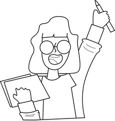 Black outline illustration of happy women or female smart girl wearing glasses and bring book and pencil for coloring or icon of education, school, learning, collage, university, study