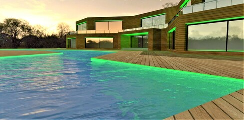 The view of the suburban estate trimmed with wood an hour before dawn. Green backlight of the pool and window arches. 3D rendering.