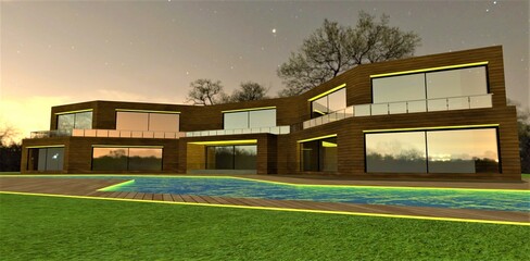 Fototapeta na wymiar Yellow illumination of the elite contemporary esate finished with facade board at night. Bright polar star above the pool. 3d rendering.