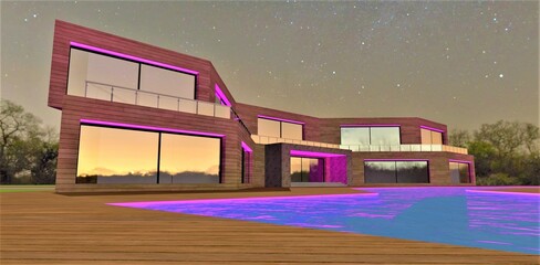 Amazing starry night above exclusive club hotel with special pool full of charged clean water. Wooden facade and flooring. 3d rendering.
