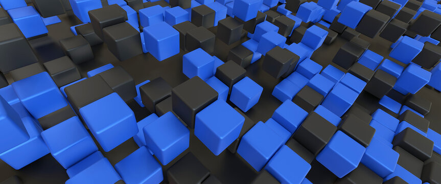 Group of floating cubes. Dark abstract geometric background in blue and black colors. 3d render © Gellax