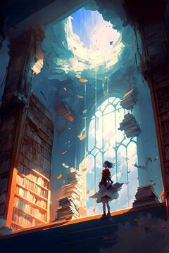 Vertical illustration of a female character standing at an ancient library with an open roof