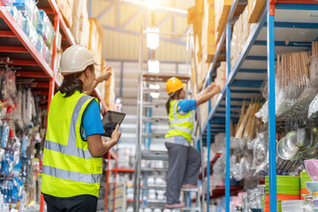 Asian teamwork of Warehouse workers wearing safety helmet and vest holding tablet. Count the number...