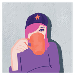 vector woman portrait with a cup of tea. Woman in bite. Poster