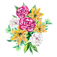 Hand painted watercolor rose, peony, lily, tulip bouquet. Pink, blue, yellow flowers, green leaf ornament, paper texture on white background.