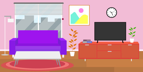 Living room with sofa and televison flat illustration