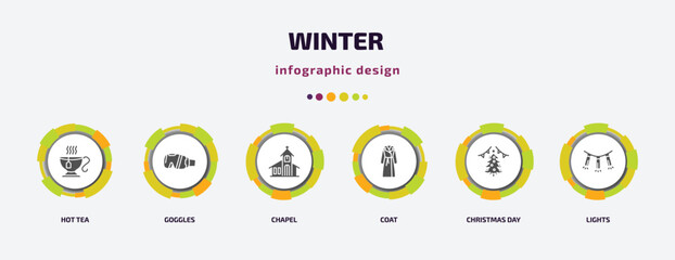winter infographic element with filled icons and 6 step or option. winter icons such as hot tea, goggles, chapel, coat, christmas day, lights vector. can be used for banner, info graph, web.