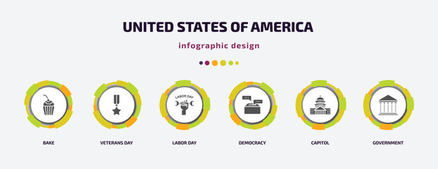 united states of america infographic element with filled icons and 6 step or option. united states of america icons such as bake, veterans day, labor day, democracy, capitol, government vector. can