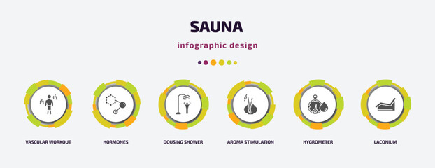 sauna infographic element with filled icons and 6 step or option. sauna icons such as vascular workout, hormones, dousing shower, aroma stimulation, hygrometer, laconium vector. can be used for