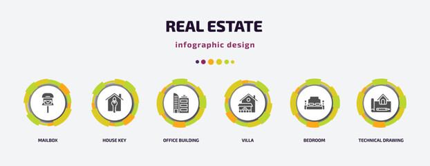 real estate infographic element with filled icons and 6 step or option. real estate icons such as mailbox, house key, office building, villa, bedroom, technical drawing vector. can be used for
