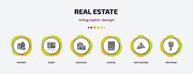 real estate infographic element with filled icons and 6 step or option. real estate icons such as for rent, slides, calculate, catalog, map location, tree house vector. can be used for banner, info