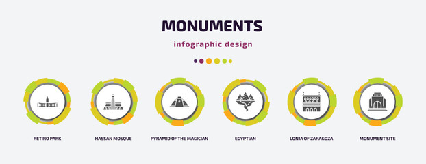 monuments infographic element with filled icons and 6 step or option. monuments icons such as retiro park, hassan mosque, pyramid of the magician, egyptian, lonja of zaragoza, monument site vector. - obrazy, fototapety, plakaty