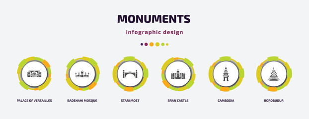 monuments infographic element with filled icons and 6 step or option. monuments icons such as palace of versailles, badshahi mosque, stari most, bran castle, cambodia, borobudur vector. can be used