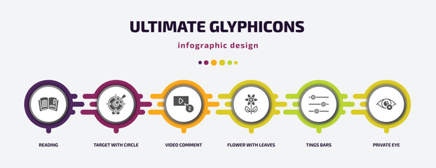 ultimate glyphicons infographic element with filled icons and 6 step or option. ultimate glyphicons icons such as reading, target with circle, video comment, flower with leaves, tings bars, private