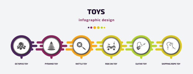 toys infographic element with filled icons and 6 step or option. toys icons such as octopus toy, pyramid toy, rattle toy, ride on guitar skipping rope vector. can be used for banner, info graph,