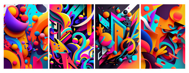 Set of modern multicolored geometric shapes, colorful abstract background, minimalist 3d digital Ai illustration