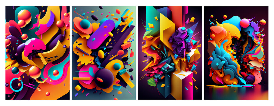 Set of modern multicolored geometric shapes patterns, colorful abstract background, minimalist 3d digital AI illustration