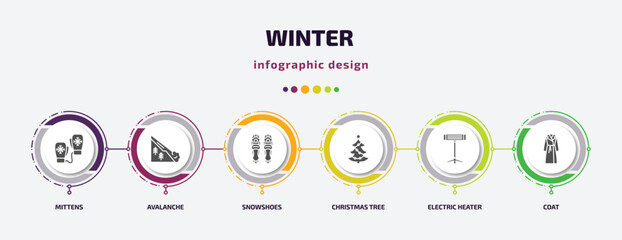 winter infographic element with filled icons and 6 step or option. winter icons such as mittens, avalanche, snowshoes, christmas tree, electric heater, coat vector. can be used for banner, info
