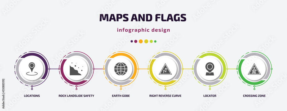 Poster maps and flags infographic element with filled icons and 6 step or option. maps and flags icons such
