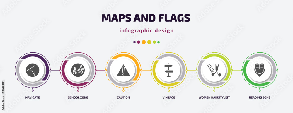 Poster maps and flags infographic element with filled icons and 6 step or option. maps and flags icons such