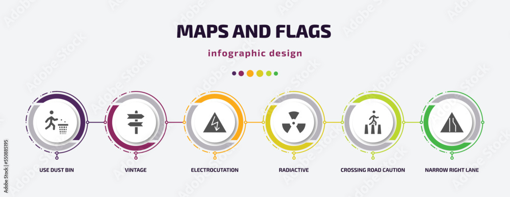 Poster maps and flags infographic element with filled icons and 6 step or option. maps and flags icons such