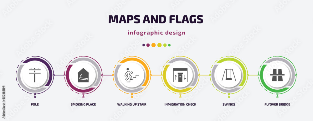 Poster maps and flags infographic element with filled icons and 6 step or option. maps and flags icons such