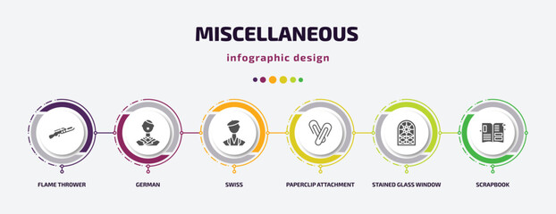 miscellaneous infographic element with filled icons and 6 step or option. miscellaneous icons such as flame thrower, german, swiss, paperclip attachment, stained glass window, scrapbook vector. can