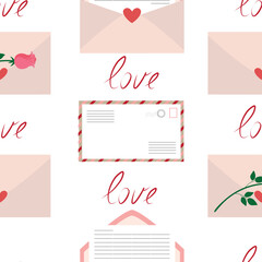 Vector seamless pattern with envelopes, pink roses, red hearts and love word template for St Valentines day