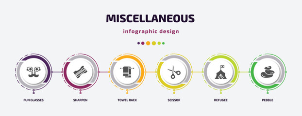 miscellaneous infographic element with filled icons and 6 step or option. miscellaneous icons such as fun glasses, sharpen, towel rack, scissor, refugee, pebble vector. can be used for banner, info