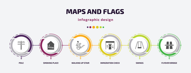 maps and flags infographic element with filled icons and 6 step or option. maps and flags icons such as pole, smoking place, walking up stair, inmigration check point, swings, flyover bridge vector.