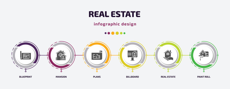 real estate infographic element with filled icons and 6 step or option. real estate icons such as blueprint, mansion, plans, billboard, real estate, paint roll vector. can be used for banner, info