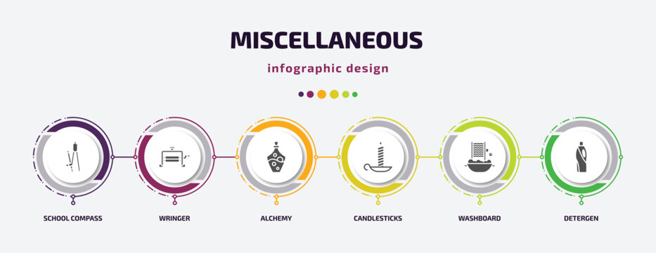 miscellaneous infographic element with filled icons and 6 step or option. miscellaneous icons such as school compass, wringer, alchemy, candlesticks, washboard, detergen vector. can be used for