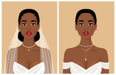 Beautiful bride with long and short hair, with veil option full face portrait. Afro American sexy girl wearing trendy necklace, perl choker and golden earrings. Vector cartoon illustration. - 550885340