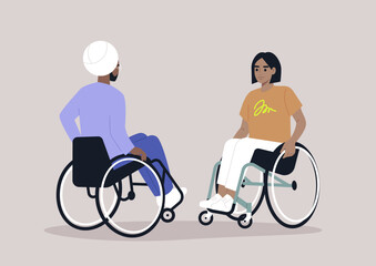 Two wheelchair users casually chatting, daily routine