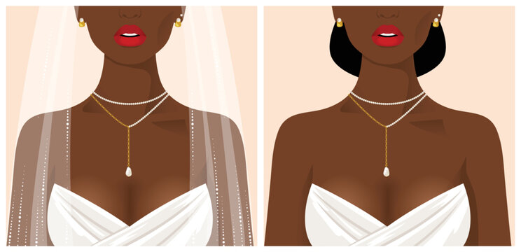 Afro woman wearing wedding jewelry abstract portrait. Decolette of American African girl vector cartoon illustration. Clip art of bride model. 