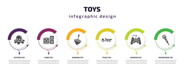 toys infographic element with filled icons and 6 step or option. toys icons such as octopus toy, cubes toy, spinning toy, truck gamepad microphone vector. can be used for banner, info graph, web.