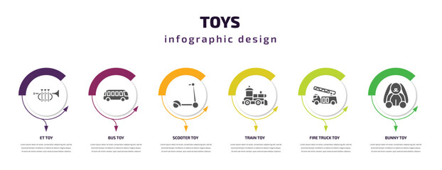 toys infographic element with filled icons and 6 step or option. toys icons such as et toy, bus toy, scooter toy, train fire truck bunny vector. can be used for banner, info graph, web.