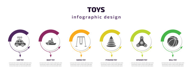 toys infographic element with filled icons and 6 step or option. toys icons such as car toy, boat toy, swing toy, pyramid spinner ball vector. can be used for banner, info graph, web.