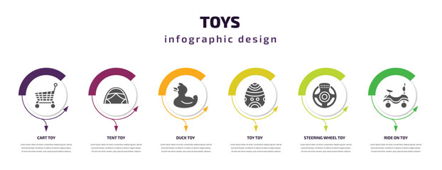 toys infographic element with filled icons and 6 step or option. toys icons such as cart toy, tent toy, duck toy, steering wheel ride on vector. can be used for banner, info graph, web.