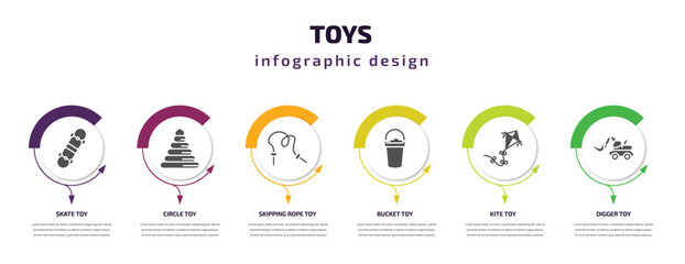 toys infographic element with filled icons and 6 step or option. toys icons such as skate toy, circle toy, skipping rope toy, bucket kite digger vector. can be used for banner, info graph, web.