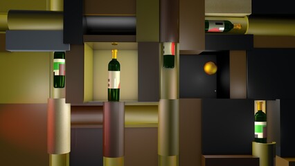 3d rendering. Modern bar or shop of the future, rack or display case with bottles of alcohol. Self-service. Bottles of wine themselves move through the pipes. Without the participation of people.