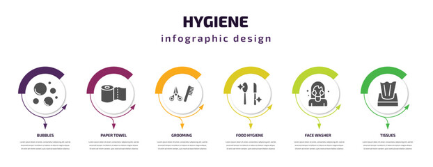 hygiene infographic element with filled icons and 6 step or option. hygiene icons such as bubbles, paper towel, grooming, food hygiene, face washer, tissues vector. can be used for banner, info